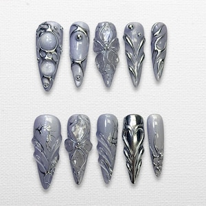 Silver Chrome Press On Nails | 3D Gel Metallic Nail Set | Gothic Fairycore Nails | Handmade Sculpted Art Nails | Y2K Nail Art