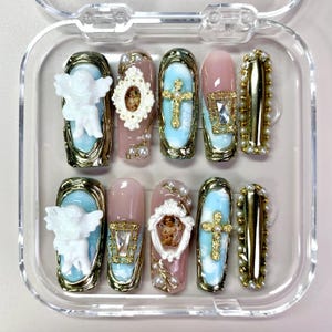 Rococo Angelic Dreams Press On Nails, 3D Cherub & Baroque Frames, Gold Accents Cloud Effect, Heavenly Style, Handmade Luxury Nail Set