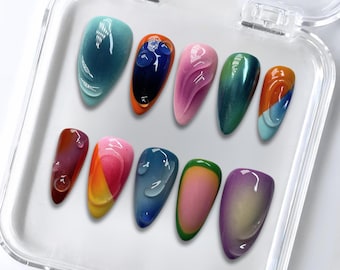 Multicolor Ombre Press On Nails: Handmade Abstract Art, Pastel Rainbow