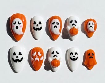 Handpainted Orange White 3D Ghost Pumpkin Face Press On Nails Halloween Nails