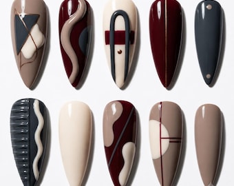 Burgundy Minimalist 3D Almond Nails | Modern Abstract Gel