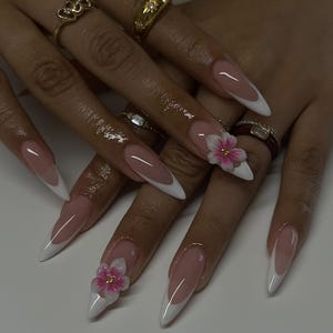 Elegant Floral French Tip Press On Nails, 3D Pink Flower Art, White Tips, Handmade Luxury Nail Set, Feminine Nail Design
