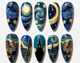 Starry Night Celestial Almond Nails | Dark Fantasy Art