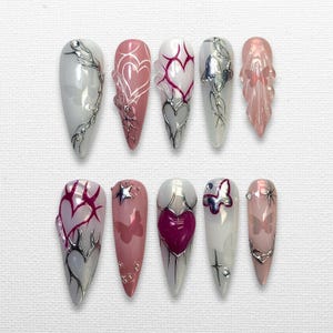 3D Butterfly Heart Nails | Y2K Chrome Pink Press On Nails | Soft Goth Nail Set | Grunge Valentine Aesthetic | Handmade Nail Art Set