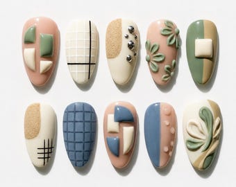 Sage Green 3D Geometric Almond Nails | Pastel Botanical Gel