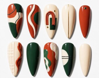3D Mid Century Modern Almond Nails | Abstract Boho Fall