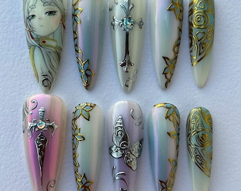 Hand Painted Fantasy Press On Nails: Sword, Cross, Floral Design