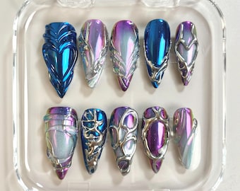 Iridescent Galaxy Press On Nails: 3D Chrome Swirls, Holographic Shimmer