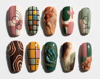 Abstract Art Textured Coffin Nails | Earthy Retro Gel