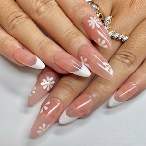 Pure Bloom – Press-On Nails with Neutral Pink Base, White French Tips & Delicate Floral Accents | Handmade Fake Nails Glue-On Nail