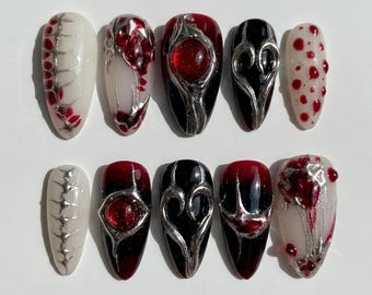 Handpainted Dark Red Silver Chrome 3D Bone Blood Drip Press On Nails Halloween Nails