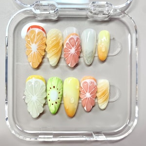 Tropical Fruits Press On Nails, 3D Citrus Slices & Kiwi Art, Ombre Glitter Accents, Sweet Summer Vibes, Juicy Holiday Glamour for Occasion