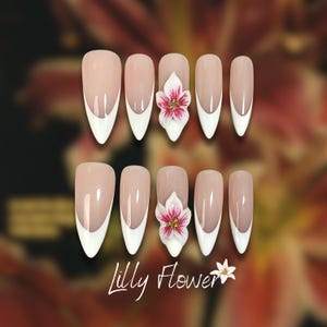 White French Tip Nails | 3D Pink Flower Nails | Bridal Press Ons | Handmade Floral Fake Nails | Wedding Gel Nail Art Set | Gift for Her