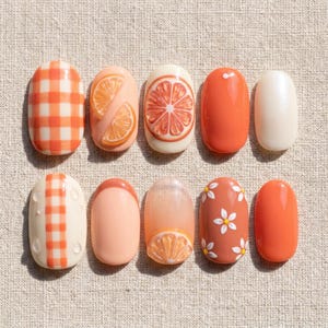 May include: A set of ten artificial nails with various designs. The designs include orange slices, a gingham pattern, solid orange, and white daisy flowers on a peach background. The nails are oval-shaped and arranged on a neutral fabric surface.
