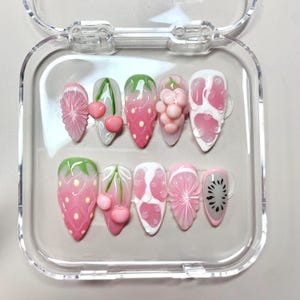 Kawaii Fruit Garden Press On Nails, 3D Strawberry & Cherry Art, Pink Ombre Clear Gel, Cute Pastel Aesthetic, Sweet Summer Fun for Everyday
