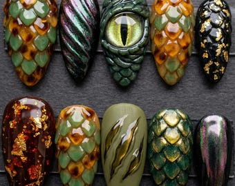 3D Dragon Eye Press On Nails | Green Scale, Gold Foil Gothic Fake Nails