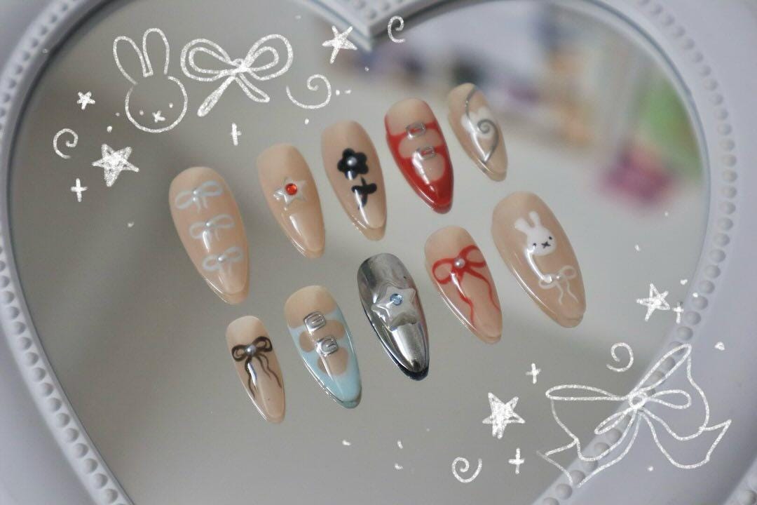 Balletcore Ribbon Almond Press on Nails | Coquette Bow Mary Jane Y2K ...