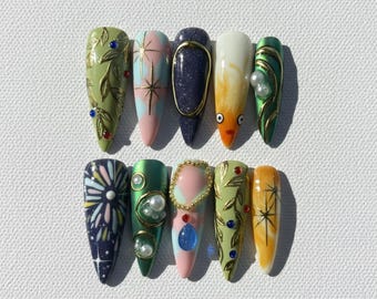 Custom Ghibli Press On Nails: Handmade Olive Green & Pastel Pink Abstract Art
