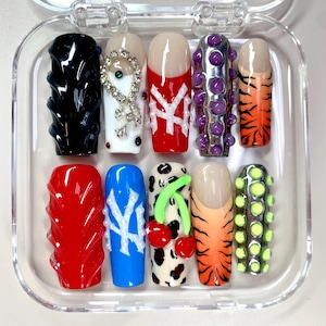 Eclectic Pop Art Press On Nails, 3D Waves & Animal Prints, Mixed Media Studded Accents, Urban Edgy Style, Handmade Statement Nail Set