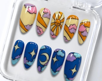 Handmade Sun & Moon Press On Nails: Kawaii Celestial Nail Art