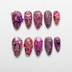 Coquette 3D Press On Nails | Pink & Purple Chrome Butterfly Set | Floral Bow Pearls Nail Art | Handmade Romantic Fake Nails