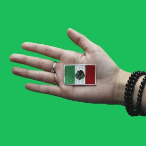 May include: A rectangular patch featuring the flag of Mexico. The flag design includes green, white, and red vertical stripes, with the Mexican coat of arms in the center. The patch is held in a hand against a green background.