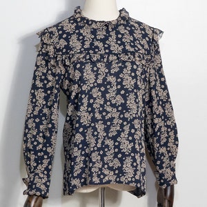 1980s Valentino Boutique dark floral ruffled blouse | vintage 80s designer dark floral print yoked top with rear button closure | S