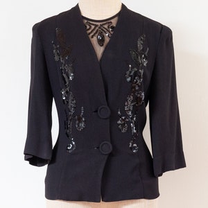 vintage 1940s black sequined rayon blazer | 40s noir crepe rayon sequin fitted jacket with removable dickie | XS/S