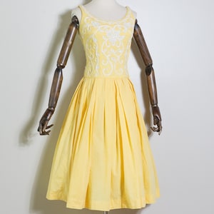 vintage 1950s yellow and white micro gingham fit and flare dress | 50s Junior Accent sleeveless dress with sequined soutache | XS