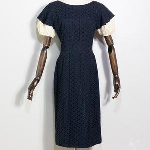 vintage 1950s black eyelet sheath dress | 50s tailored dress with unique puffed ivory sleeves | S