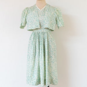 vintage 1930s silk floral pinafore dress and jacket | 30s green and beige silk dress and matching bolero jacket | S
