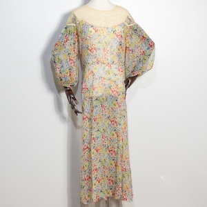 vintage 1930s illusion balloon sleeve sheer chiffon micro floral print dress with eyelet mesh insets | 30s flower patterned gown | M