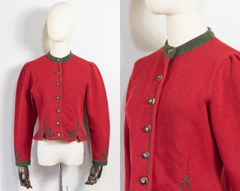 vintage 1980s M&G red puffed sleeve embroidered  cardigan | 80s Moser and Gottlicher red and green trachten folk cardigan | S/M