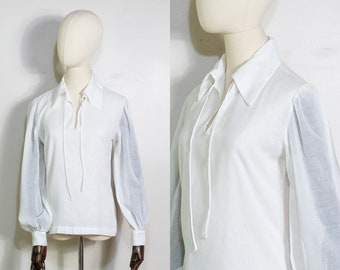 1970s white semi-sheer collared tie neck blouse | vintage pointed collar bohemian blouse | S