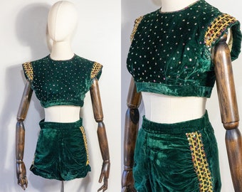 vintage 1940s green velvet cropped top and shorts set |40s baton twirler or circus costume with gold braid and sequins | XXS