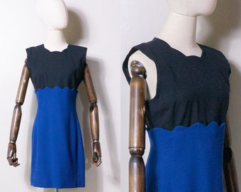 1980s Carolina Herrera sleeveless wool scalloped sheath dress | vintage 80s Neiman Marcus color blocked mini cocktail dress | S