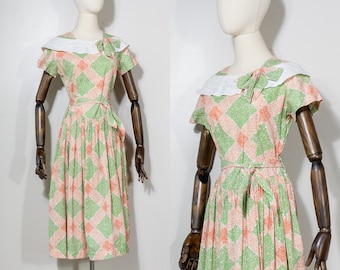 1930s light green and peach floral day dress | vintage 30s Lonwear lattice print collared cotton dress | S