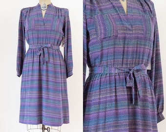 vintage 1980s Gloria Vanderbilt blue and purple silk dress | 80s printed shirtdress | M/L