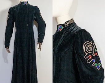 vintage 1930s black velvet coat with soutache and gems | 30s silk velvet full length opera cloak with puffed sleeves | S/M