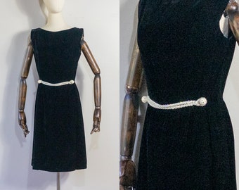 vintage 1960s 1970s black velvet sheath dress | 60s Romantica by Victor Costa cocktail dress with decorative rhinestone belt | S