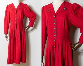 1990s red wool dirndl dress | vintage 90s Berwin & Wolf trachten dress with fitted bodice and full skirt | M