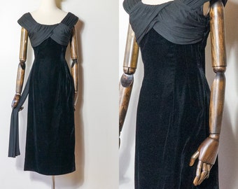 1950s black velvet draped cocktail dress | vintage 50s 60s pleated bodice sheath wiggle evening dress | XS
