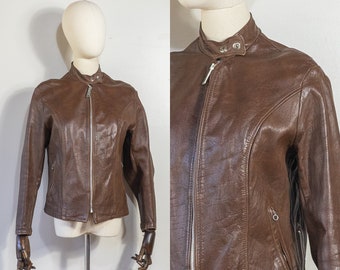 vintage 1970s Schott Bros. "Cafe Racer" brown leather jacket | 70s brown motorcycle jacket with faux shearling lining | XS/S