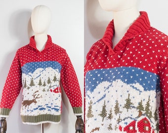 vintage 1990s Lizwear novelty snowy scene sweater | 90s Liz Claiborne red scenic winter knit | M