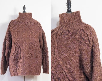 vintage 1980s Bergdorf Goodman wool turtleneck sweater | 80s hand knit cozy oversized brown marled hand pullover | L