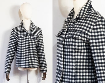 vintage 1990s black and ivory checked flannel trucker jacket | 90s Talbots wool plaid boxy jacket | M