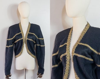 vintage 1980s black and gold angora cardigan | 80s Spree International bolero open sweater | S