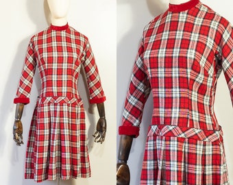 vintage 1960s red plaid drop waist dress | 60s Teena Paige pleated drop waist dress | S/M