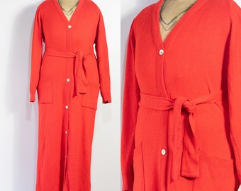 vintage 1970s red cashmere long cardigan with belt | 70s 2-ply cashmere sweater coat with pockets |  L