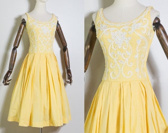 vintage 1950s yellow and white micro gingham fit and flare dress | 50s Junior Accent sleeveless dress with sequined soutache | XS